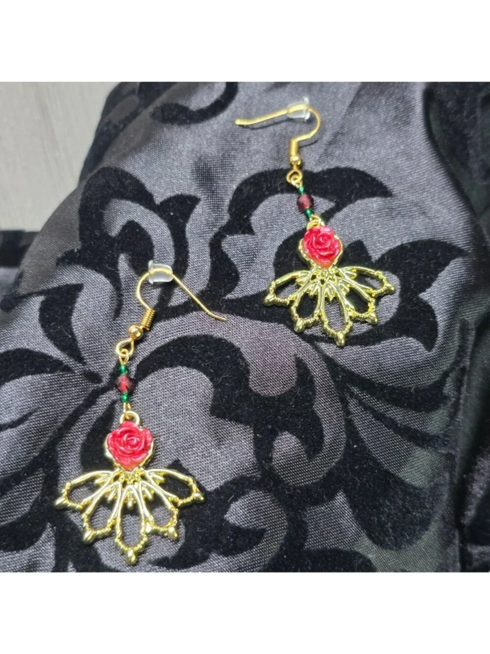 Handcrafted 18k gold plated emerald and garnet ornate dangle rose earrings